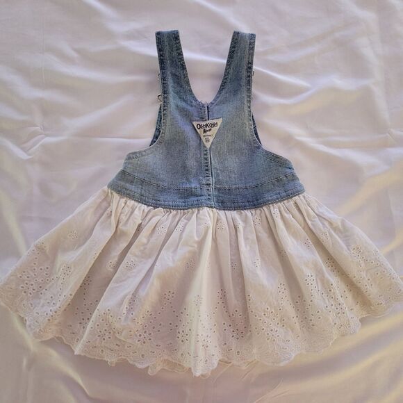 Oshkosh B'Gosh Dress Girls 12M Overall Denim White Eyelet Jumper Cute Preppy - Picture 2 of 6